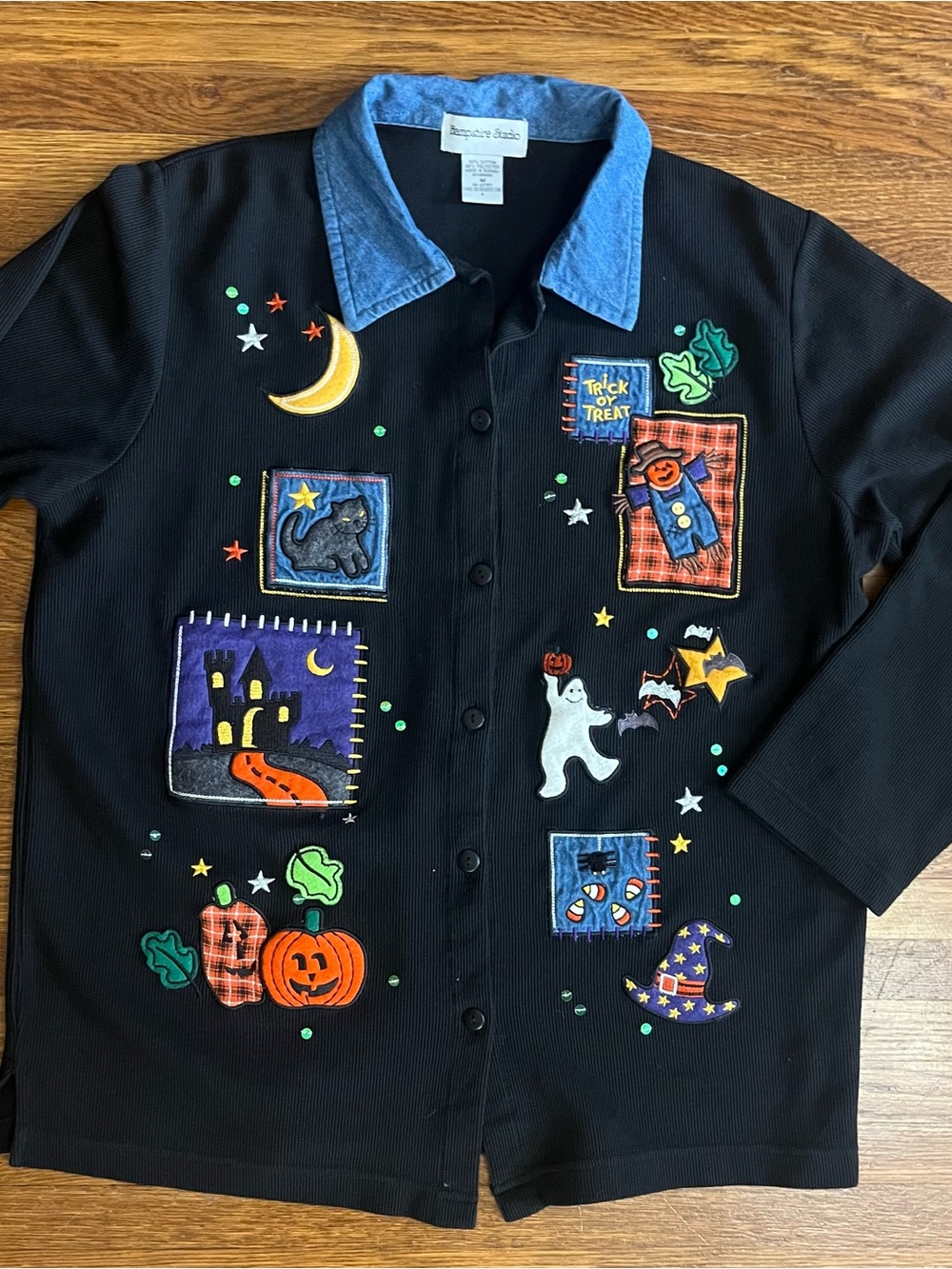 Y2k M Halloween cardigan stretch cat ghost teacher grandma embroidered black